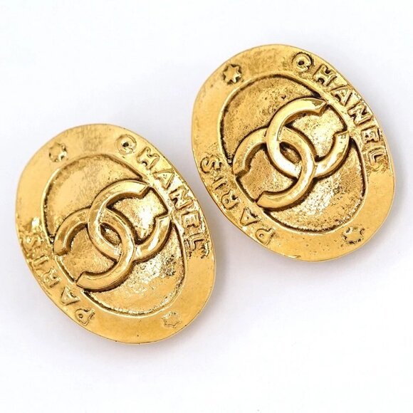 CHANEL CC Logos PARIS Oval Clip-On Earrings Gold Tone 28 2842 Auth #5141 - Picture 1 of 5